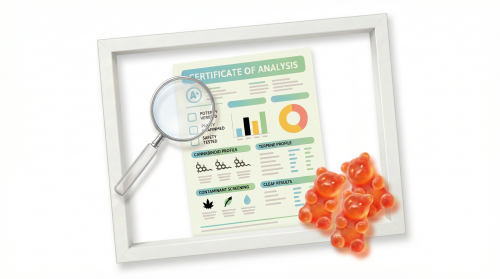 How to Read a CBD Gummy COA Without Feeling Overwhelmed hero image with three small orange red gummy bears on the tablet frame