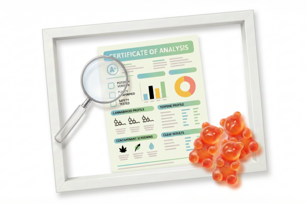 How to Read a CBD Gummy COA Without Feeling Overwhelmed hero image with three small orange red gummy bears on the tablet frame