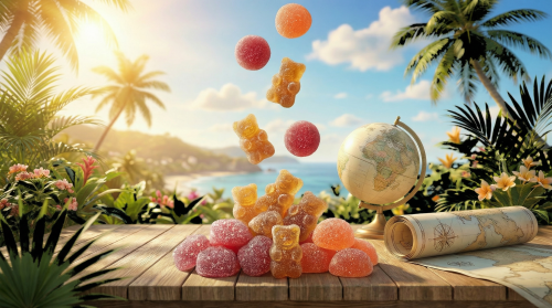 Tropical CBD gummies travel themed hero image