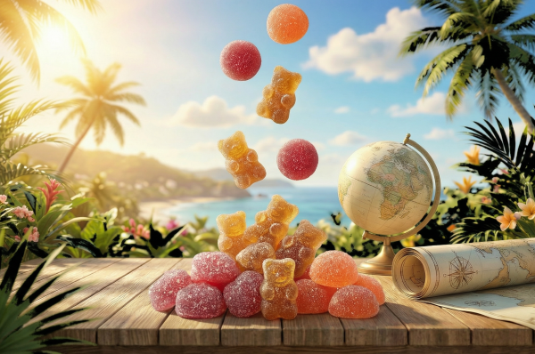 Tropical CBD gummies travel themed hero image