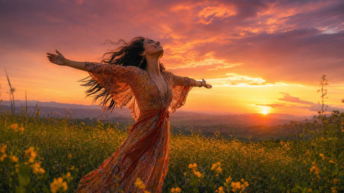 A woman finding calm in a golden meadow, representing the benefits of CBD gummies for stress relief.