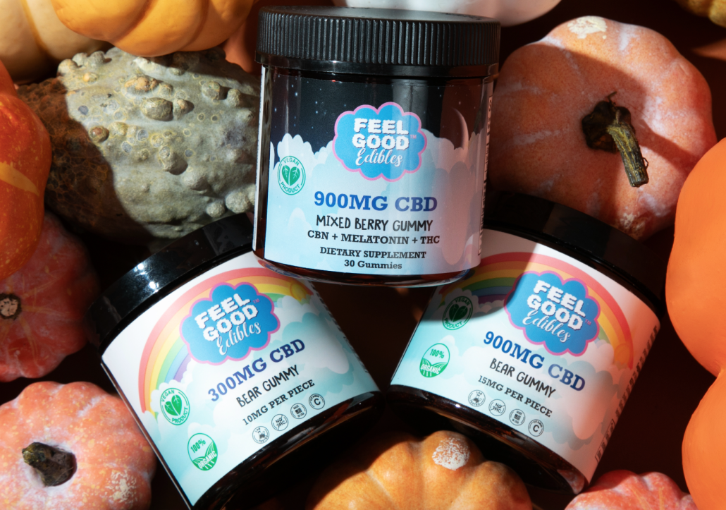 Three jars of CBD gummies in various flavors, surrounded by pumpkins and gourds, highlighting the Premium Infused Candy collection.