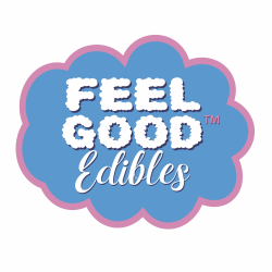 Feel Good Edibles logo featuring playful text on a blue cloud background with a pink outline.